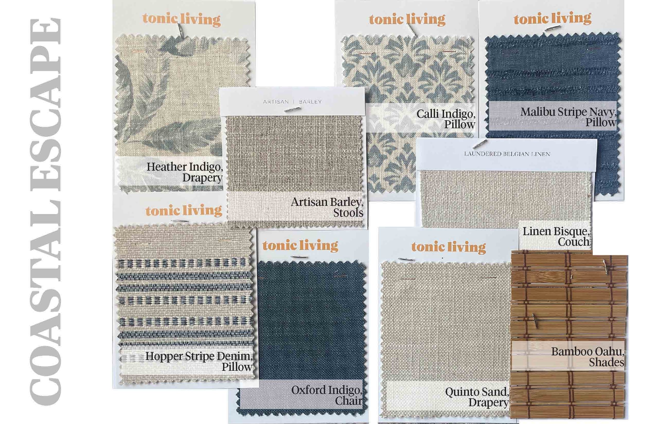 Sample of interior decor fabric swatches and materials. Includes various fabric patterns and colors such as Heather Indigo Drapery, Calli Indigo Pillow, Malibu Stripe Navy Pillow, Linen Bisque Couch, and Bamboo Oahu Shades, along with a sample of bamboo blinds.