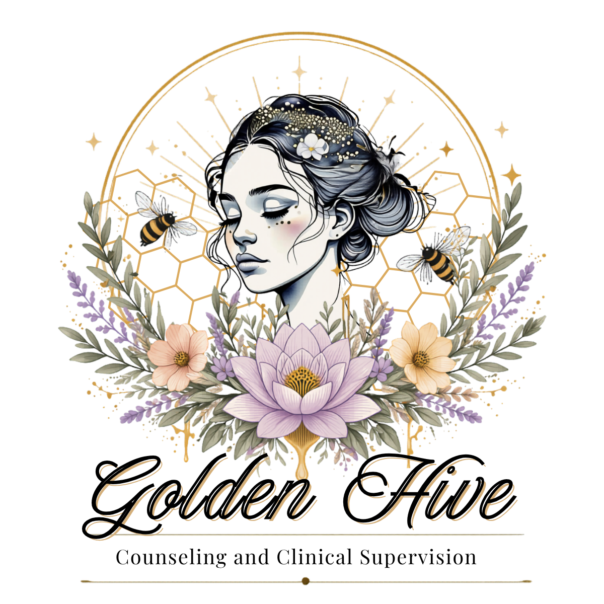 A woman with closed eyes surrounded by bees and flowers, with a gold halo behind her, and the words "Golden Hope" at the bottom.