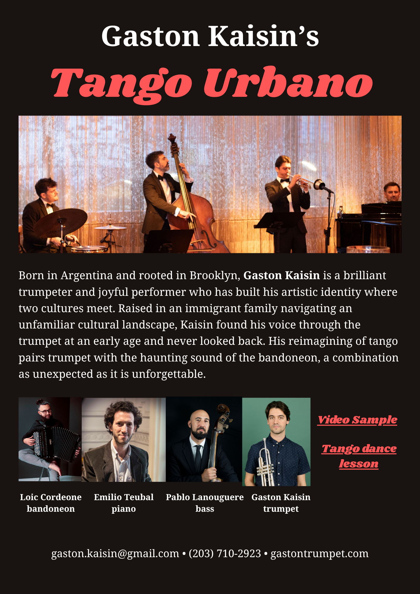 A promotional flyer for Gaston Kaisin's Tango Urbano featuring a band performing on stage with four musicians playing piano, bass, trumpet, and bandoneon. The flyer has a black background with a large photo at the top, and smaller photos of individual musicians at the bottom with their names and instruments. The text describes Gaston Kaisin's background and artistic identity, and provides contact information and website.
