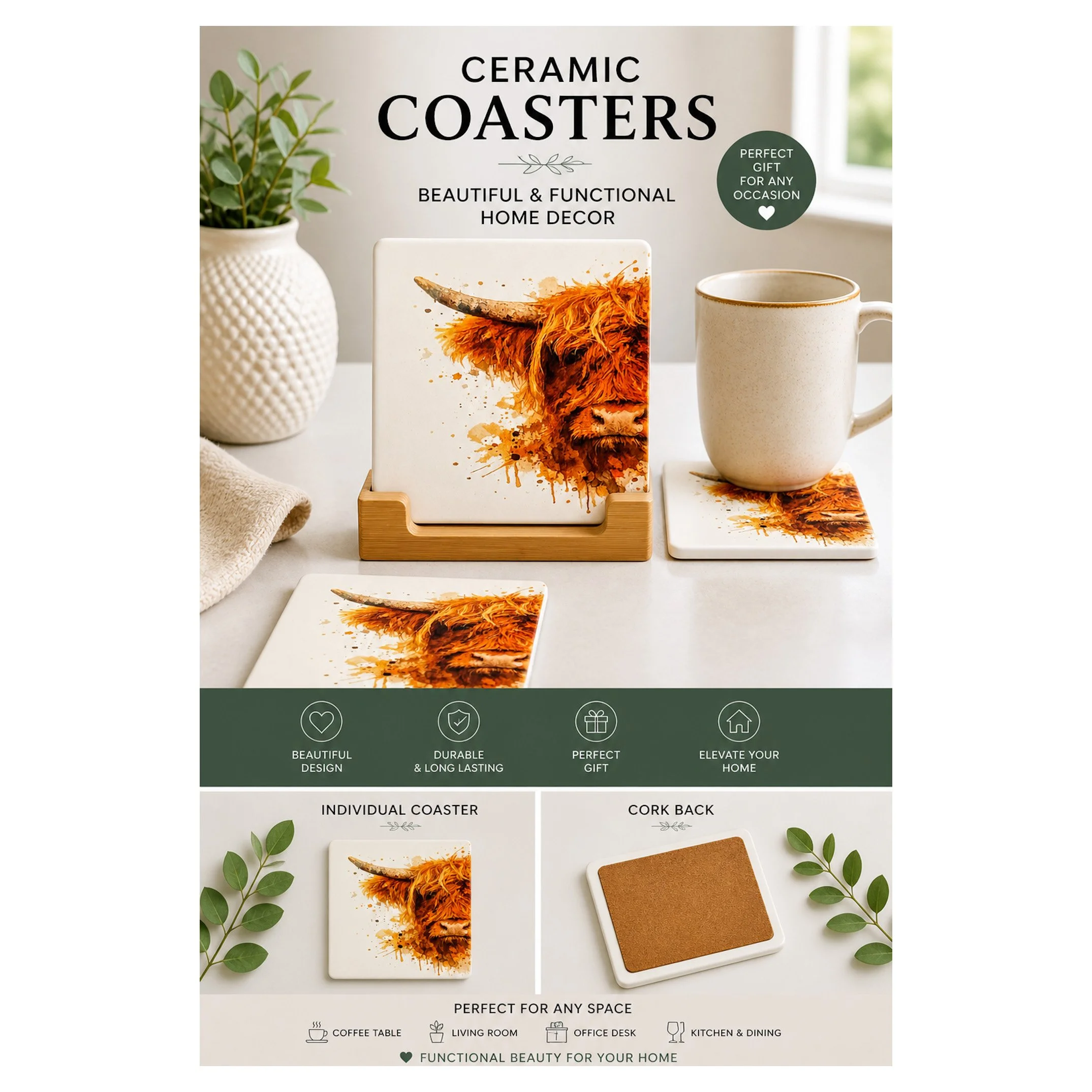 Highland Cow Ceramic Coaster