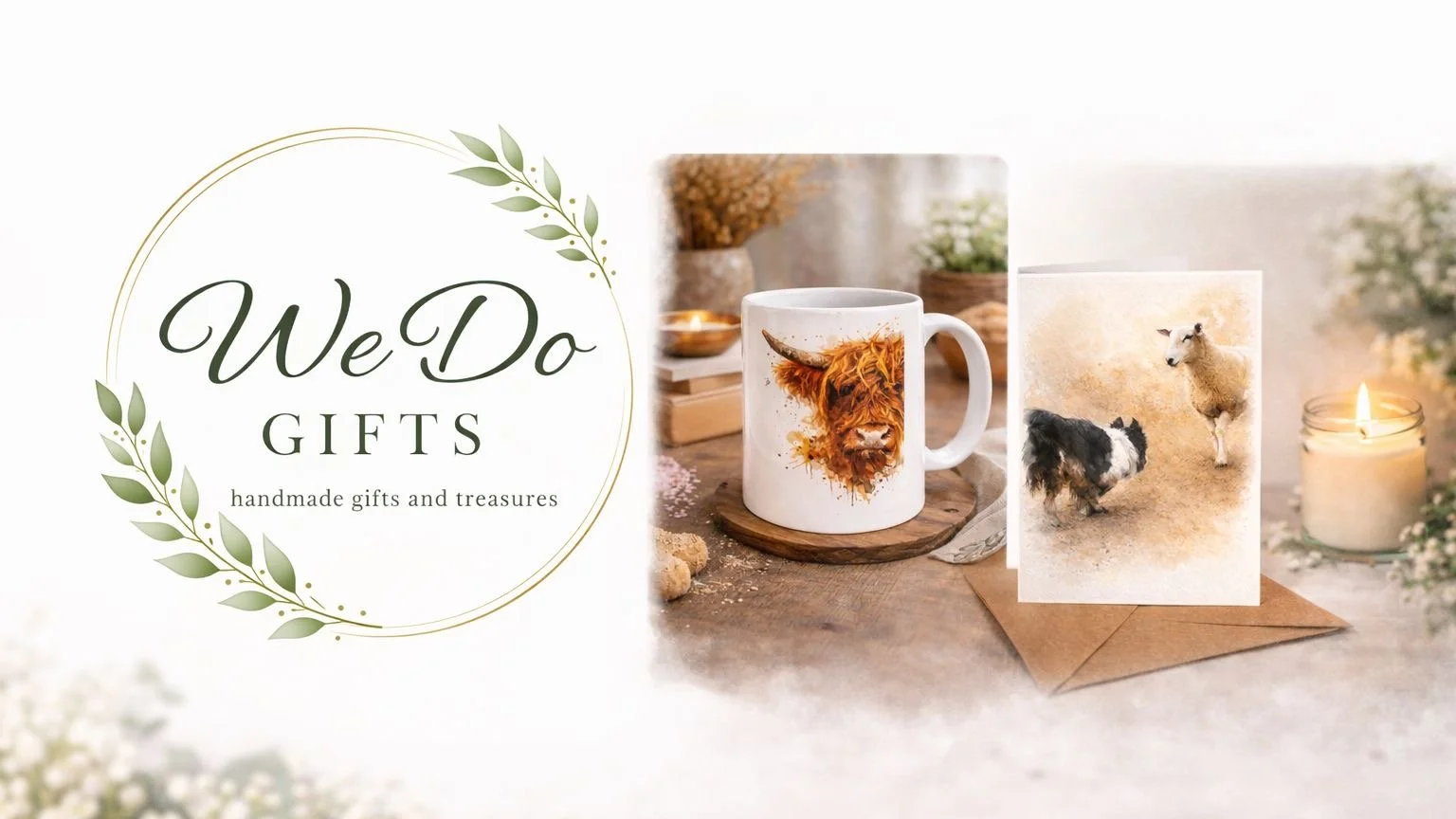 A promotional image for We Do Gifts, featuring handmade gifts including a coffee mug with a highland cow watercolour painting and greeting cards with a highlandcow and sheepdog at work watercolor artwork, surrounded by candles and decorative plants.