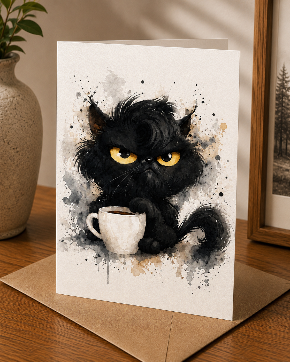 Watercolour Grumpy Cat Card