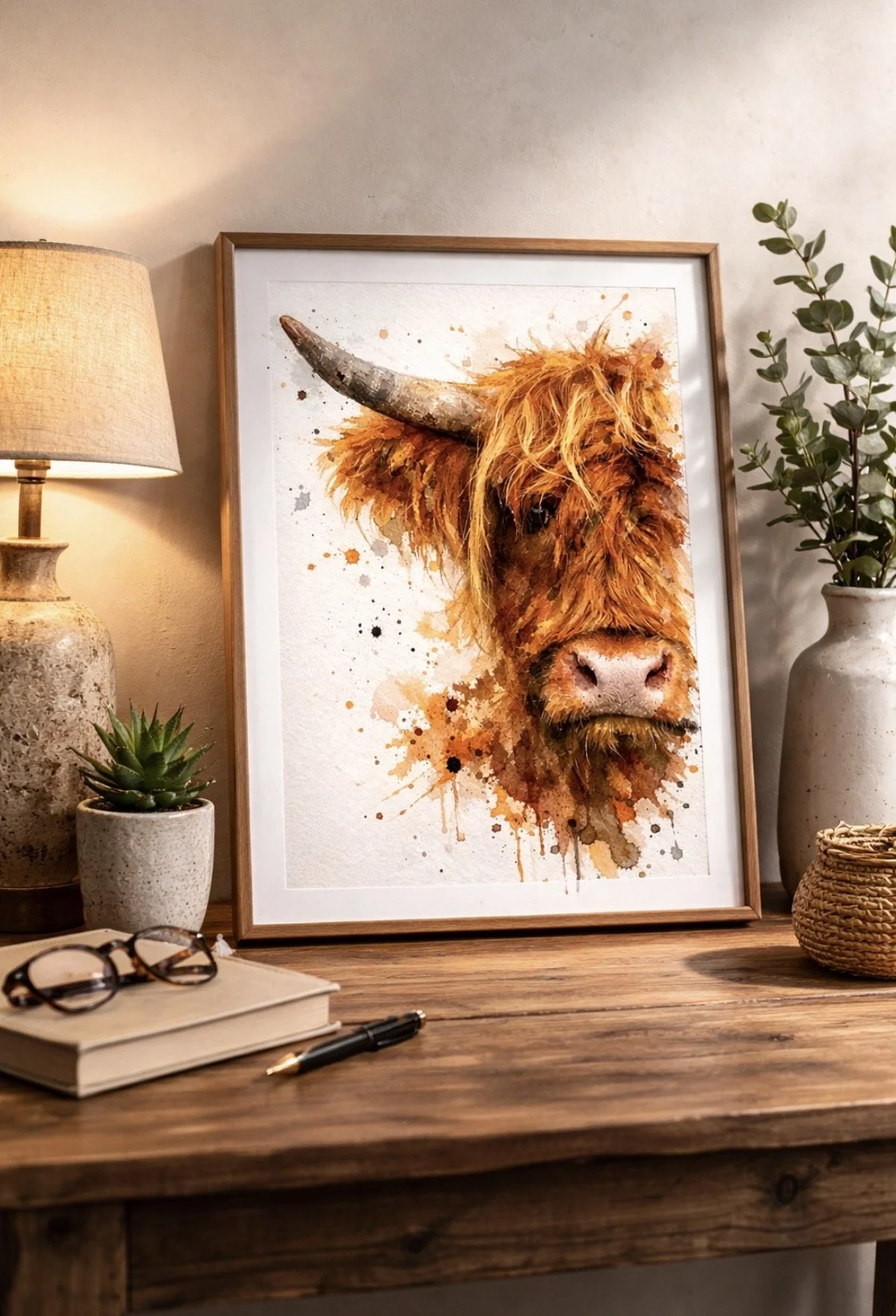 A framed watercolour painting of a Highland cow showing a half of one side of its head in this portrait orientational image , surrounded by paint splashes, on a wooden table next to a lamp, a small plant, glasses, a notebook, and a pen.