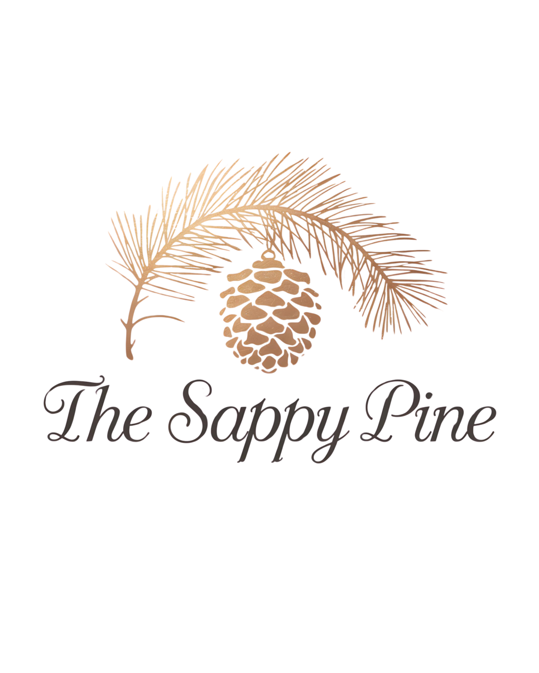 A logo for The Sappy Pine featuring a stylized pine branch and cone, with the business name written below in elegant script.