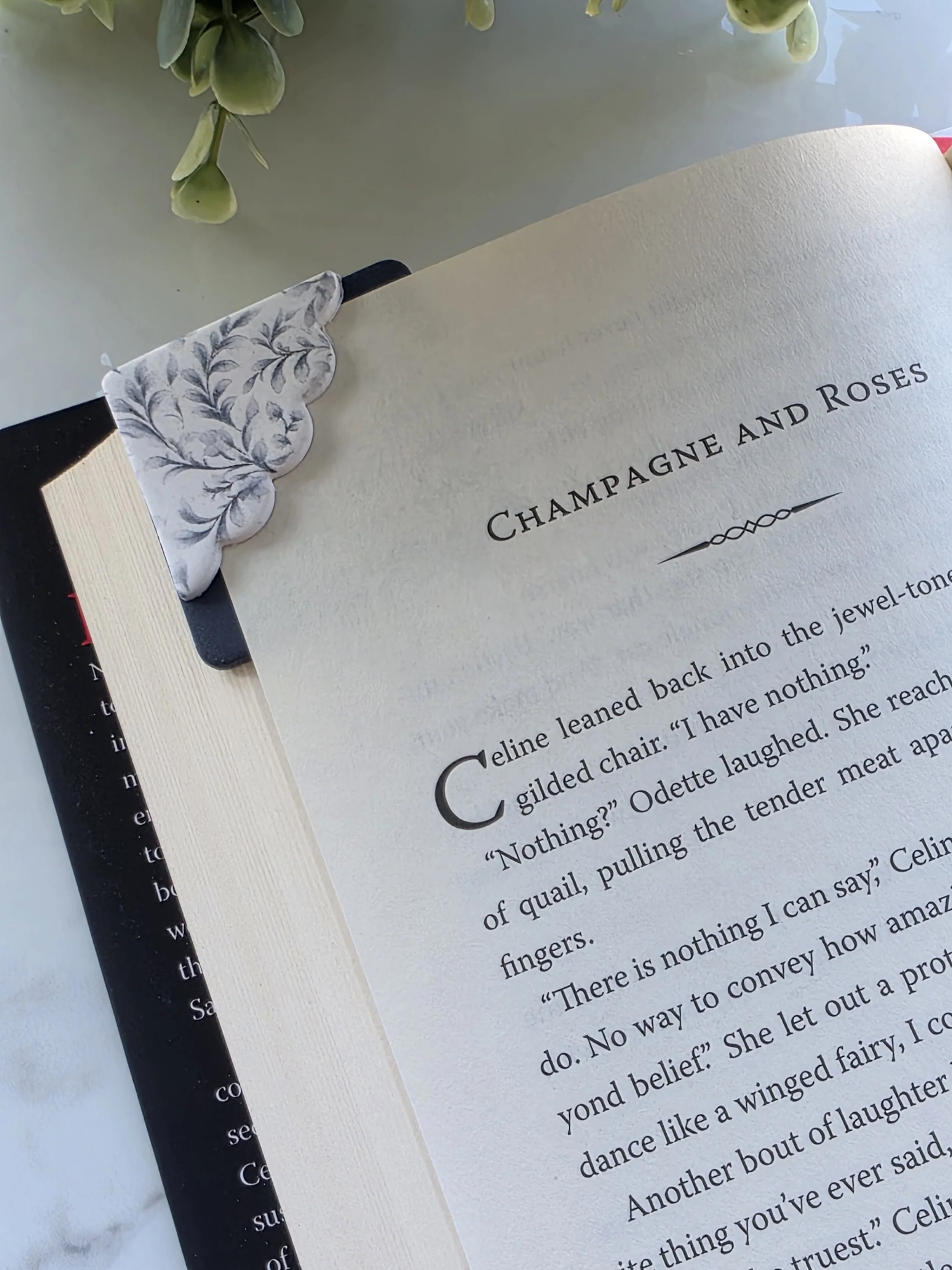 Open book on a white surface with a black and white cloth bookmark at the top. The page displays the title "Champagne and Roses" and part of a story excerpt. Green plant leaves are visible at the top of the image.