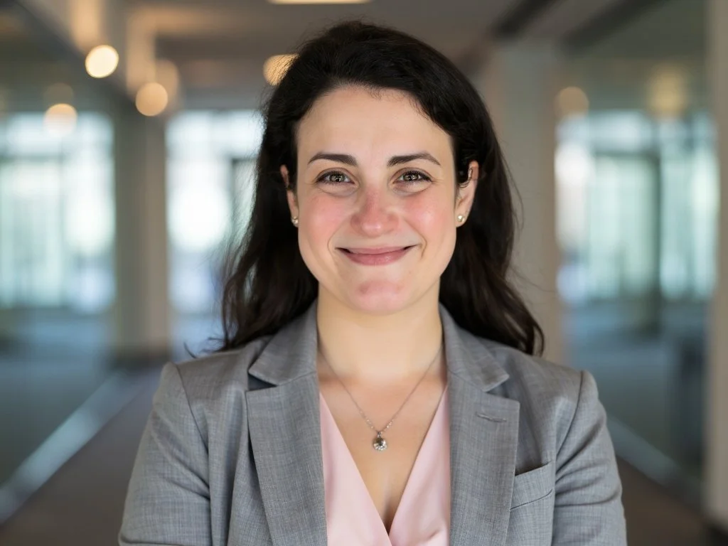 A woman with dark hair and light skin, wearing a gray blazer and pink top, smiling in a modern office or conference space with large windows and blurred background.