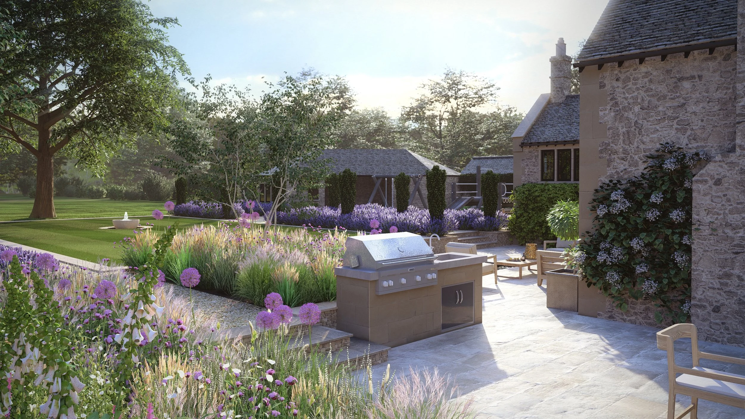 Visulisation Render (Patio/BBQ, Elevated/Tiered Planting)