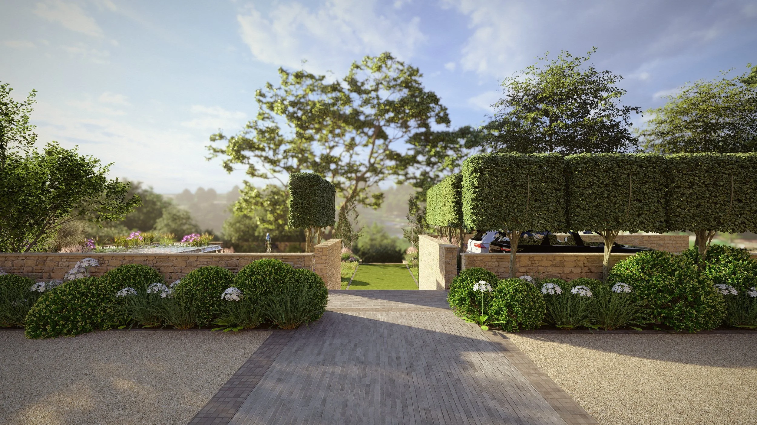 Visulisation Render (Path from front door leading to the Natural Swimming Pool and lower terraces)