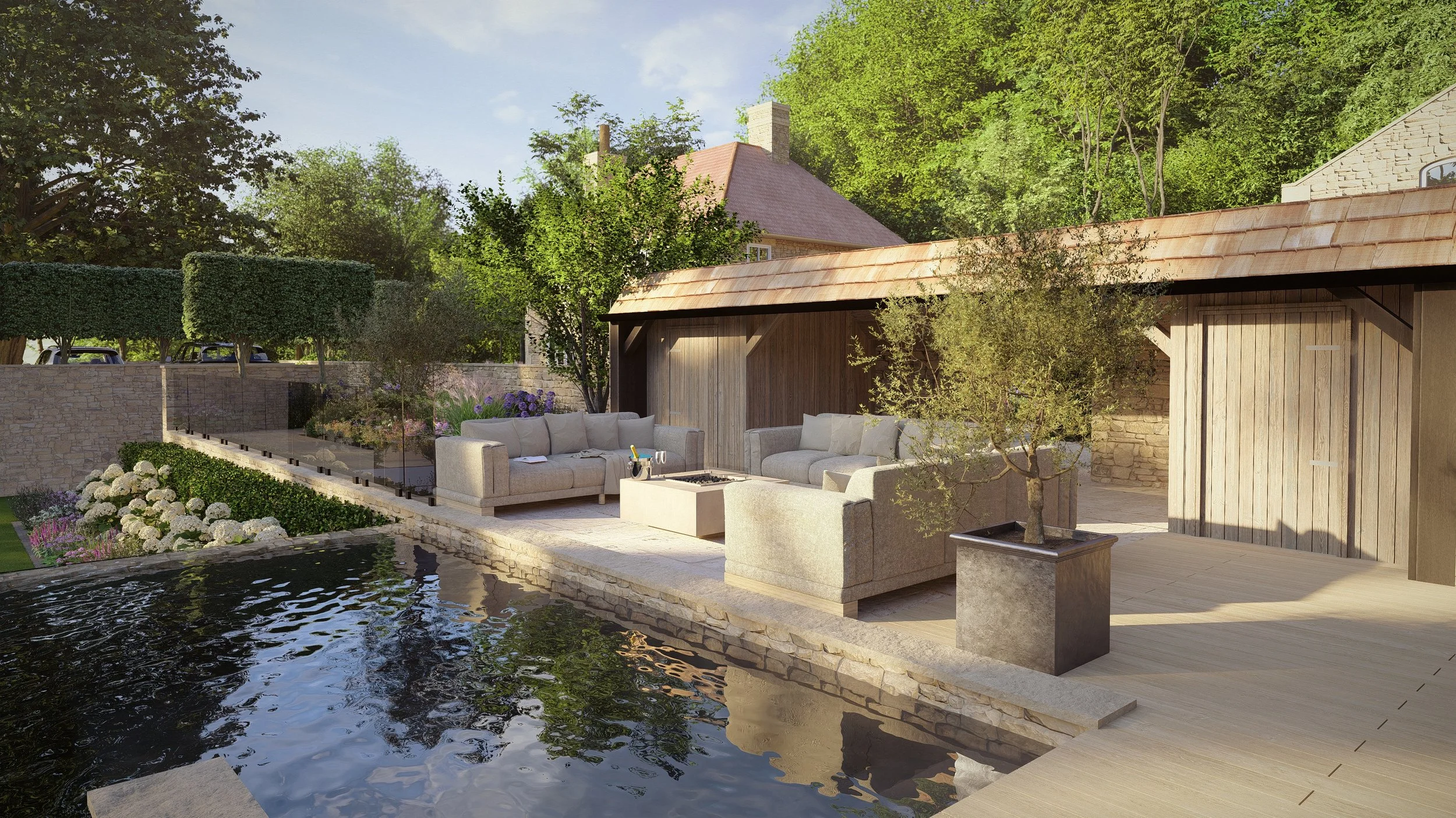Visulisation Render (Natural Pool, Terrace in front of existing summer house)