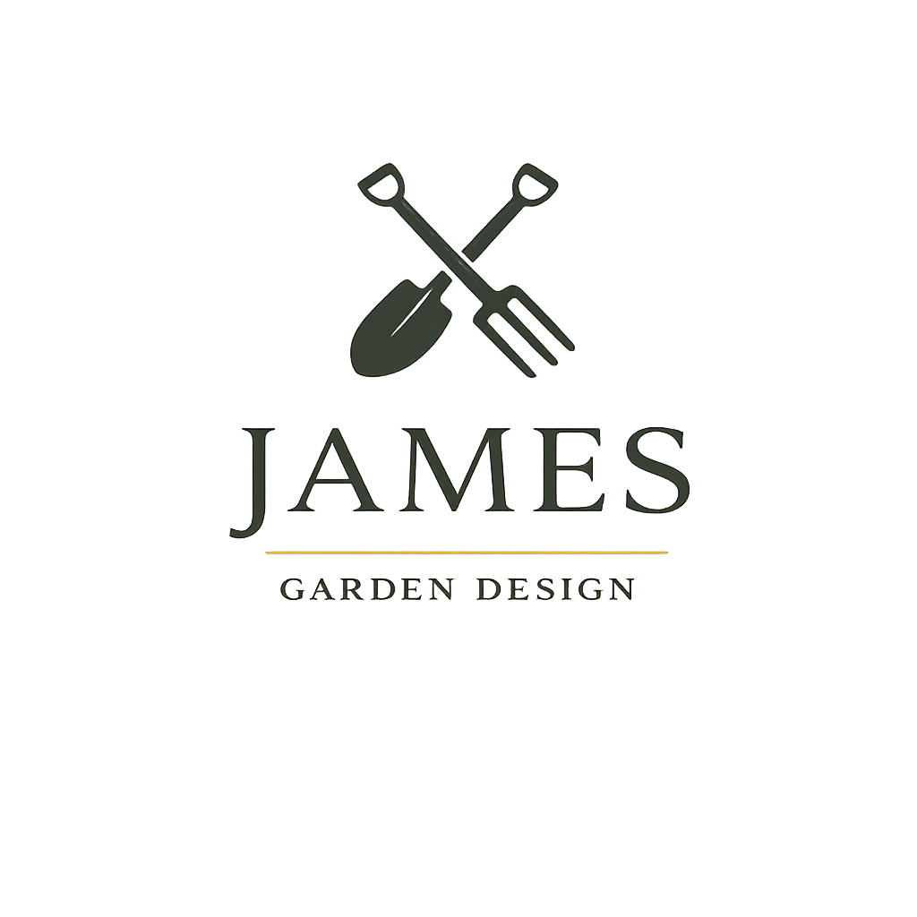 Wall sign for James Garden Design featuring crossed gardening tools, a trowel and a cultivator, with the text 'JAMES' above 'GARDEN DESIGN' and a yellow line underneath.