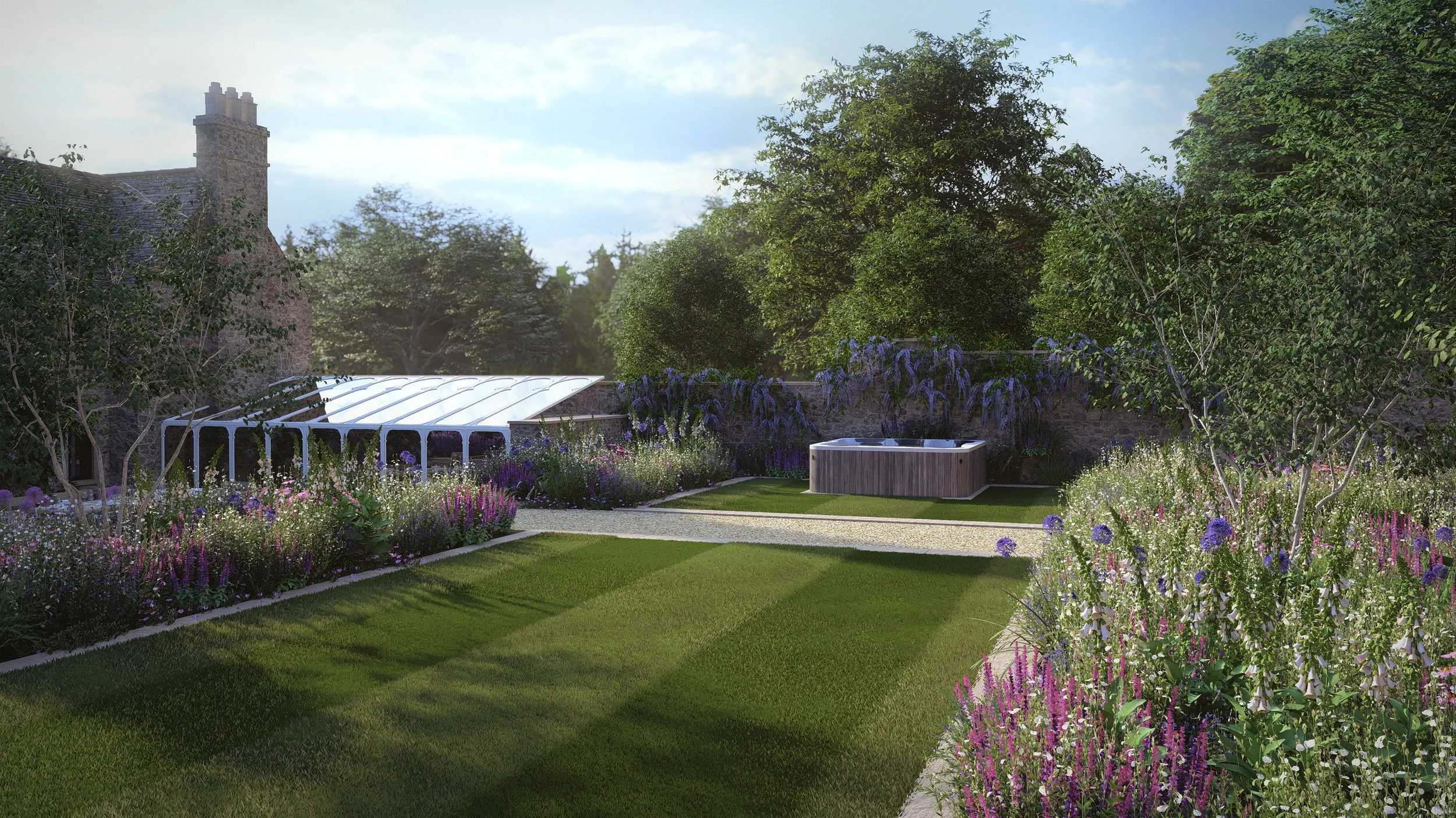 Visulisation Render (New Terrace, Borders, Lawn, hot tub)