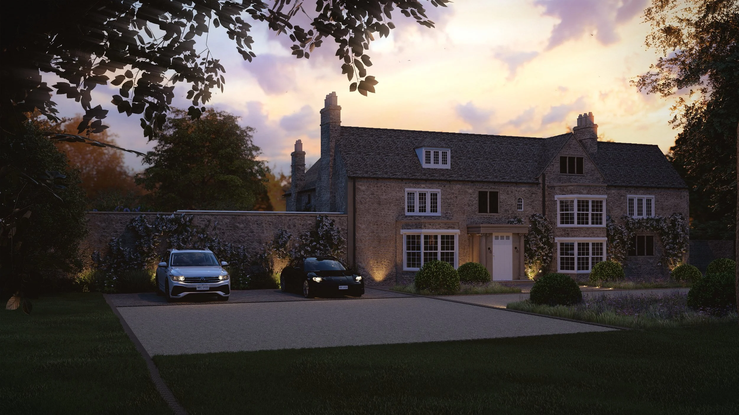 Visulisation Render (Principal Elevation - relocated parking area - Dusk)