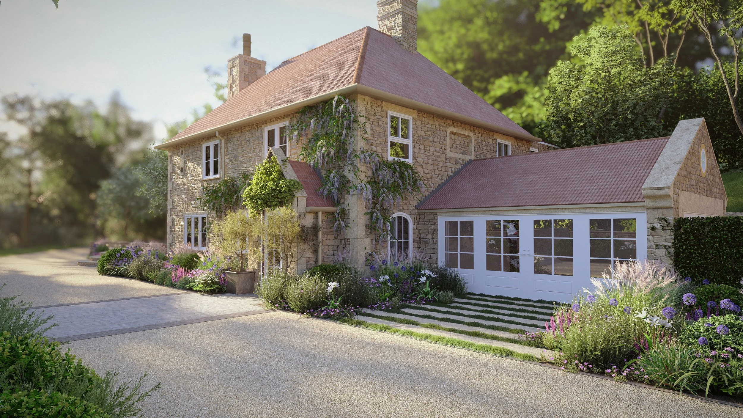 Visulisation Render (realigned driveway and soft and structural planting)