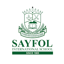Logo of Sayfol International School featuring a shield, crown, books, and a banner with the school's name and founding year 1985.