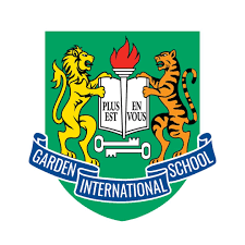 The logo of Garden International School featuring a green shield with a yellow lion on the left and a yellow tiger on the right, holding a torch with a red flame, and a blue banner at the bottom with the school's name.
