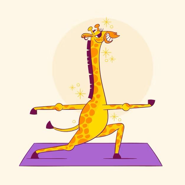 A cartoon giraffe practicing yoga on a purple mat with a light-colored background and shining stars around its head.
