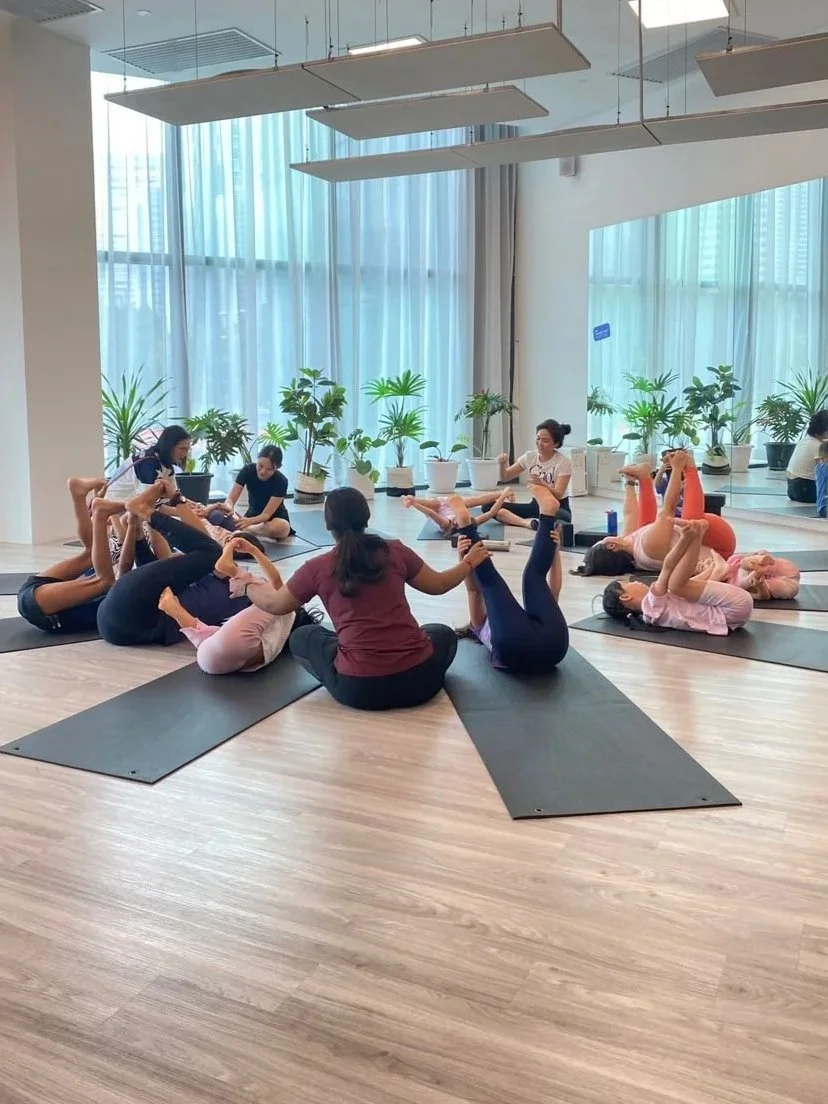 People participating in a group yoga or stretching class in a well-lit studio with large windows and potted plants.