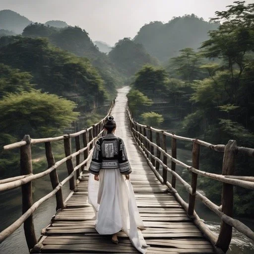 A person in traditional clothing walking across a wooden bridge over a river surrounded by lush green trees and mountains in the background.