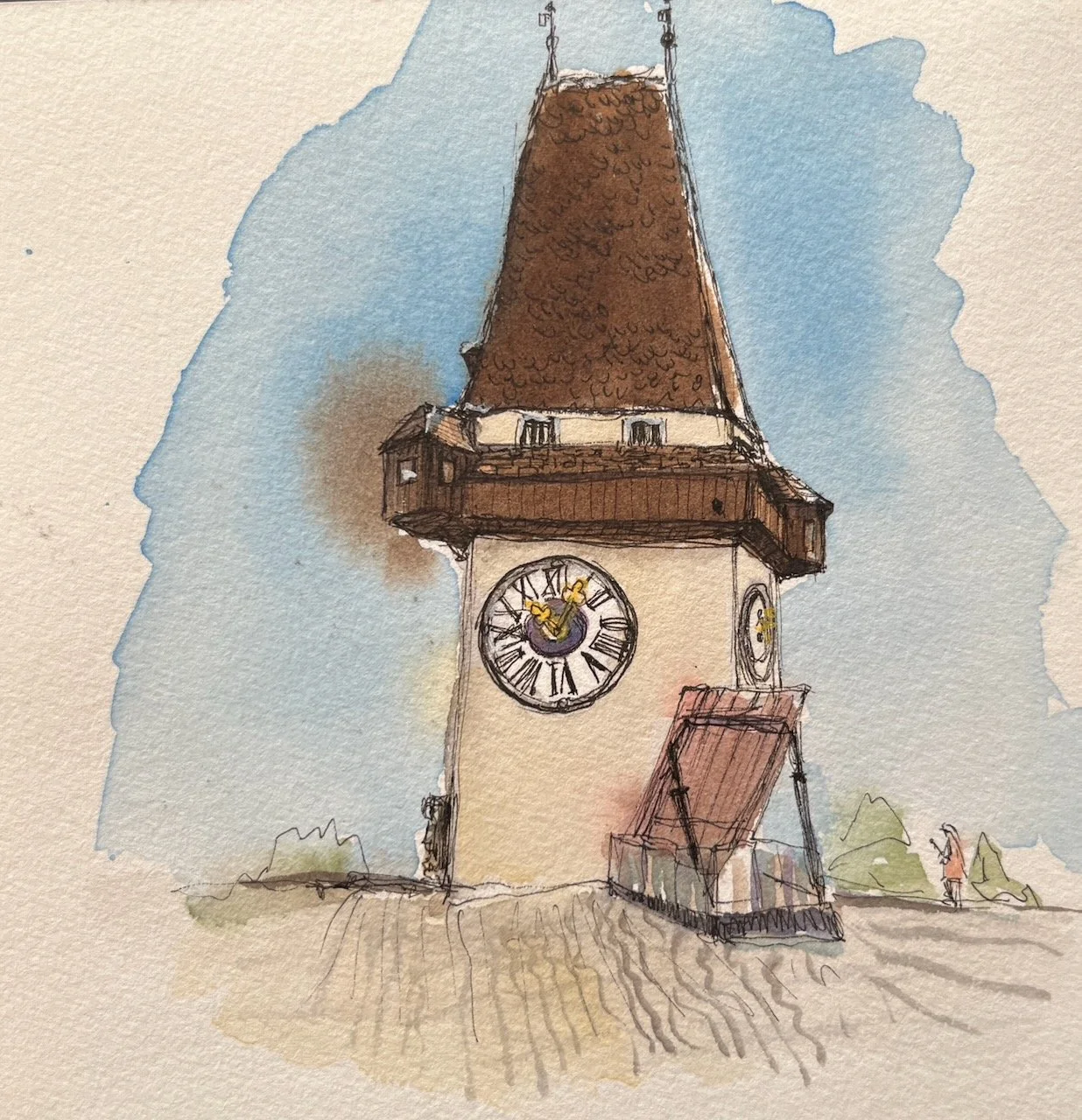 Uhrturm, Graz, Urban Sketch, 14x14 cm