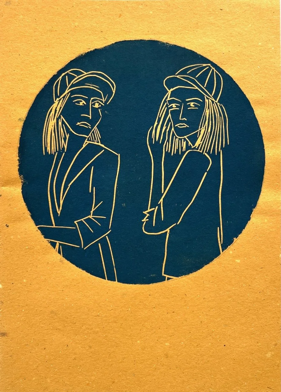Anzugdamen, Linoldruck auf Papier, ⌀ 13 cm 