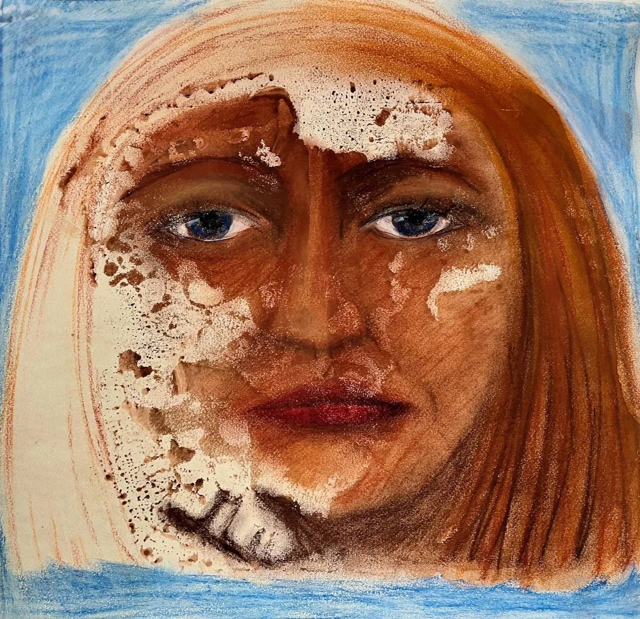 Sprenkel im Gesicht, Pastell auf Acrylgrund auf Papier, 34x35 cm