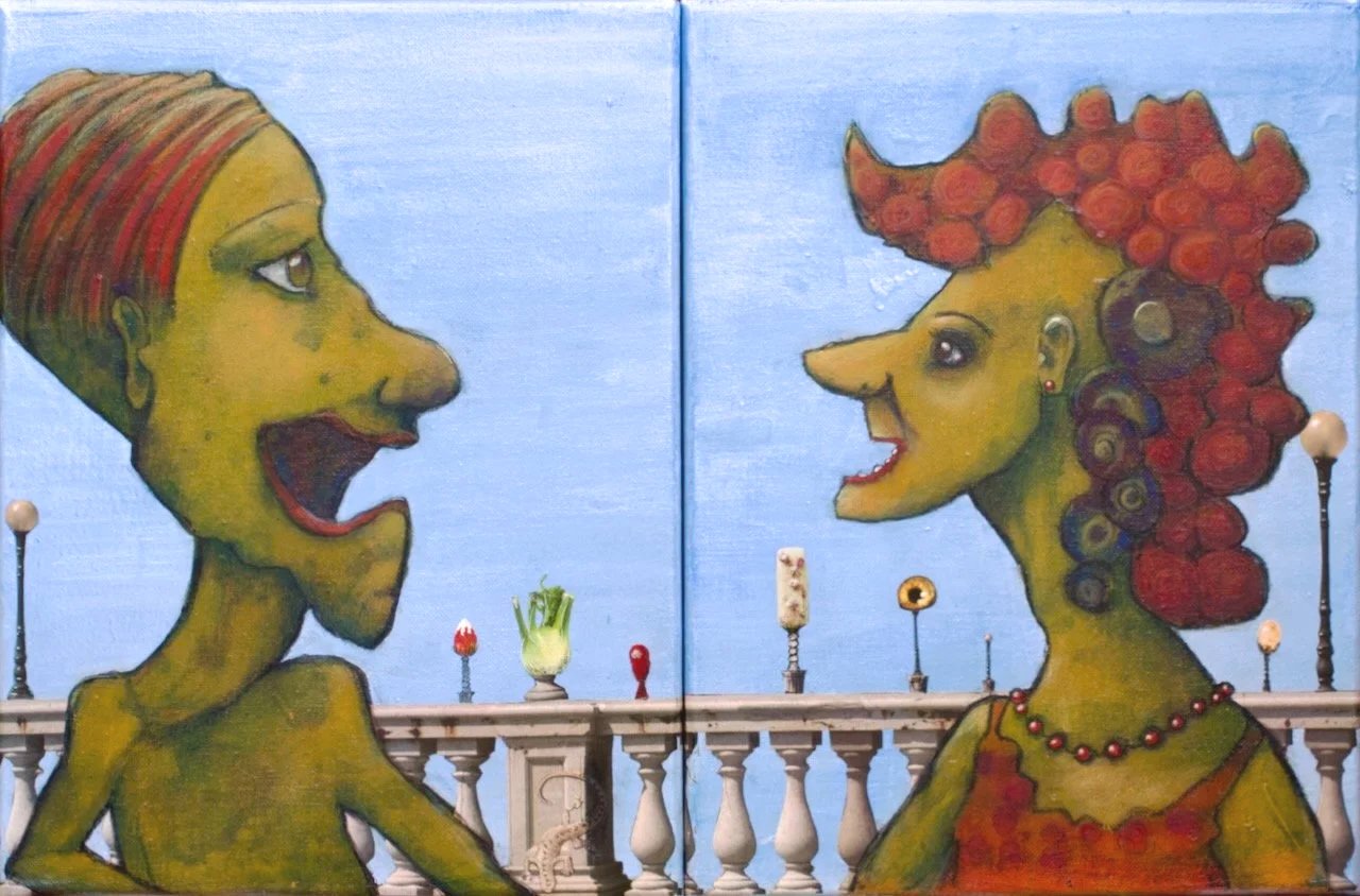 Mister and Lady, Acryl, Mixed Media und Collagematerial auf Leinwand, Diptychon, je 40x30 cm