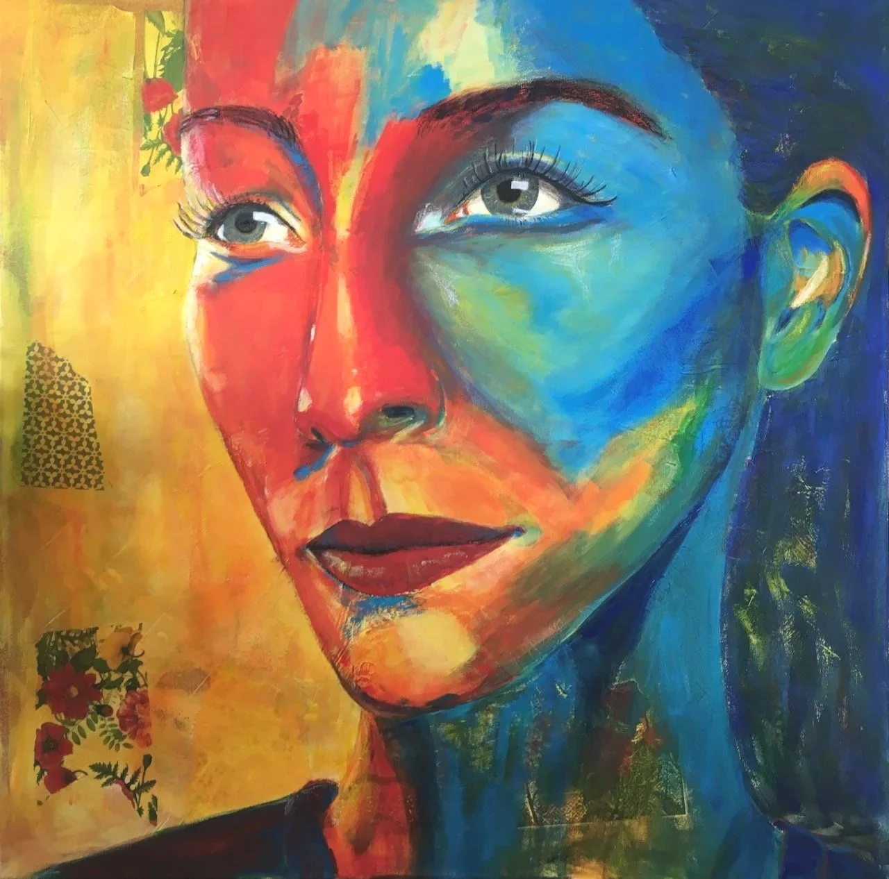 Bunt ist das Leben, Acryl, Mixed Media und Collagematerial auf Leinwand, 100x100 cm