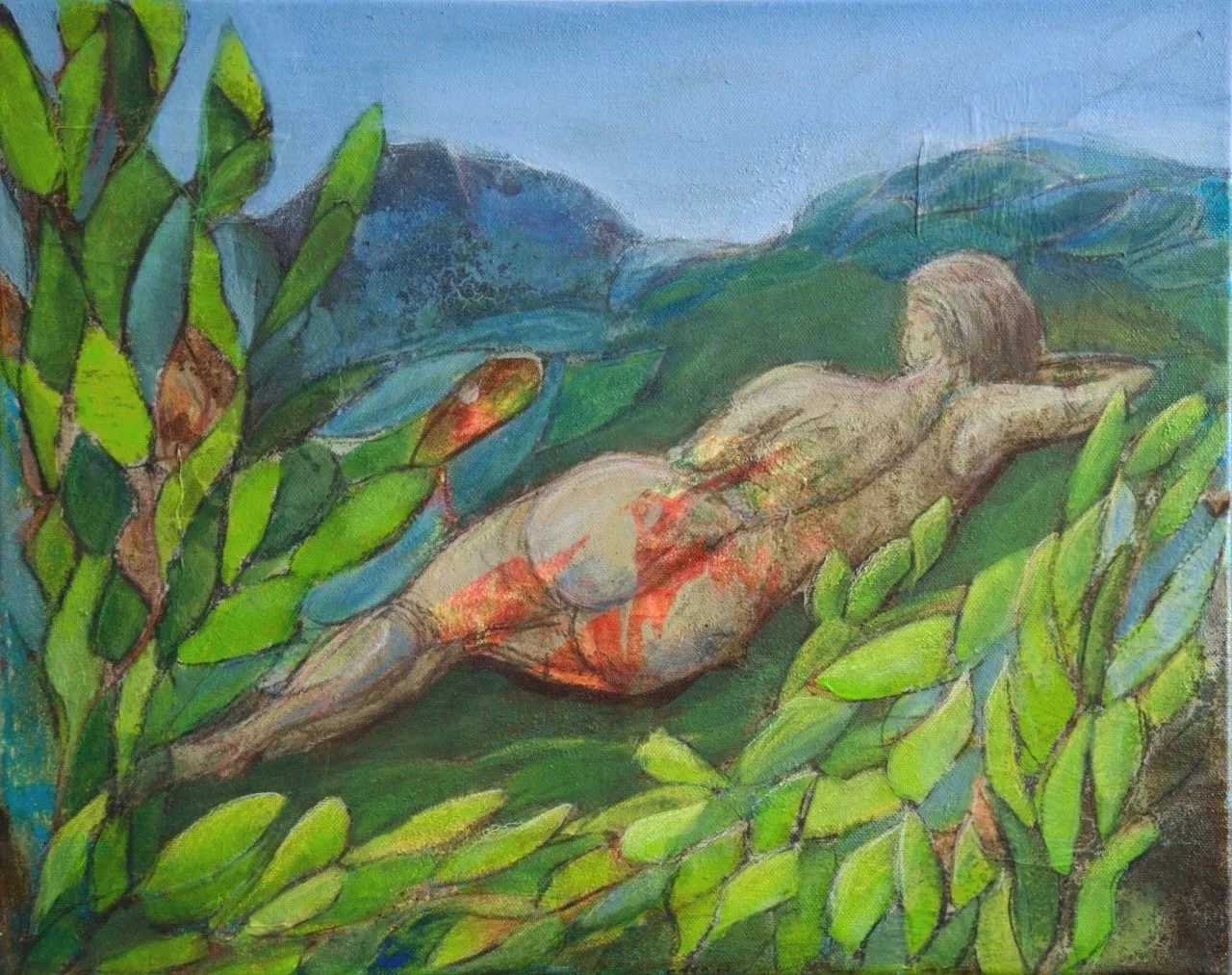 Im Blätterwald, Acryl, Kohle, Mixed Media und Collagematerial auf Leinwand, 40x50 cm