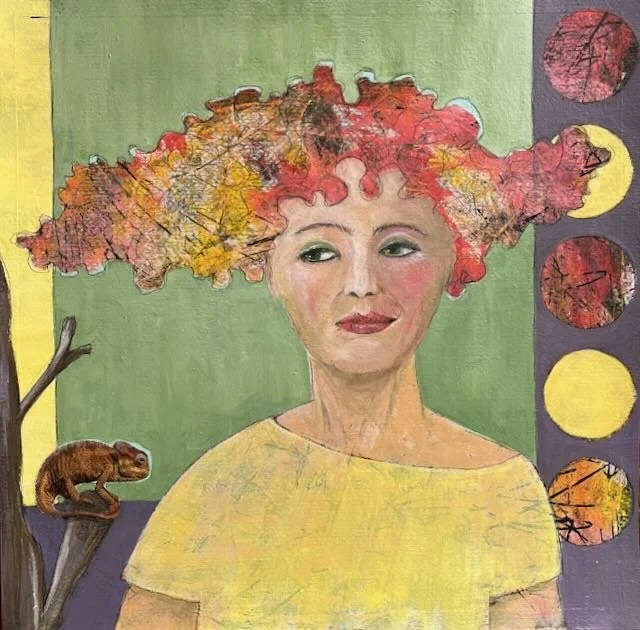 Gesicht einer Frau mit bunten Haaren,