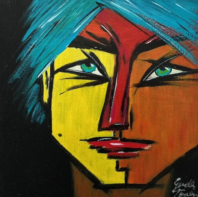 Türkis, 
Buntes Gesicht in Acryl auf Holzplatte, 30x30 cm