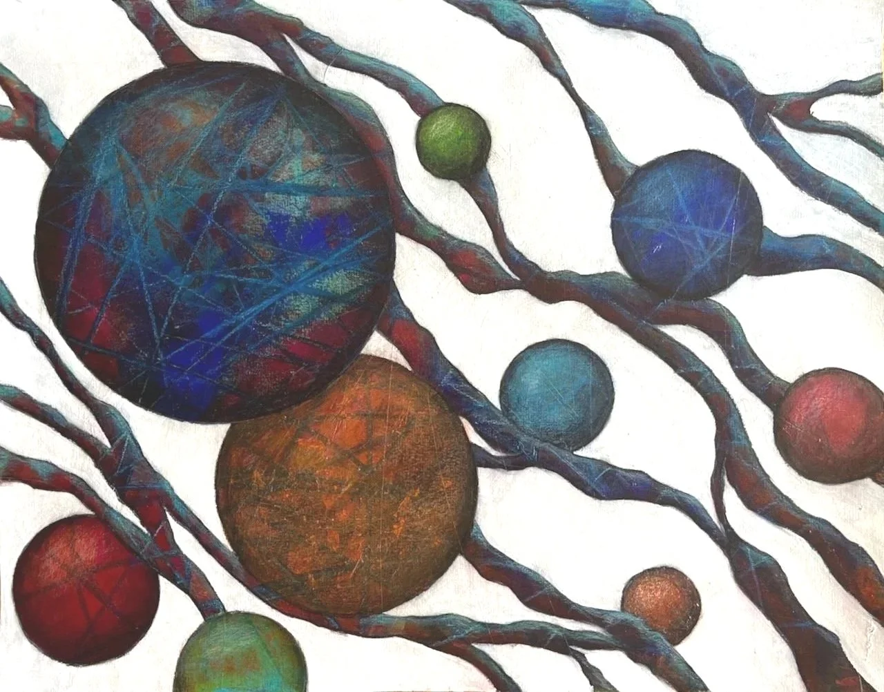 Abstract painting of various interconnected spherical planets in multiple colors including blue, green, red, and orange, with twisting vine-like structures against a white background.