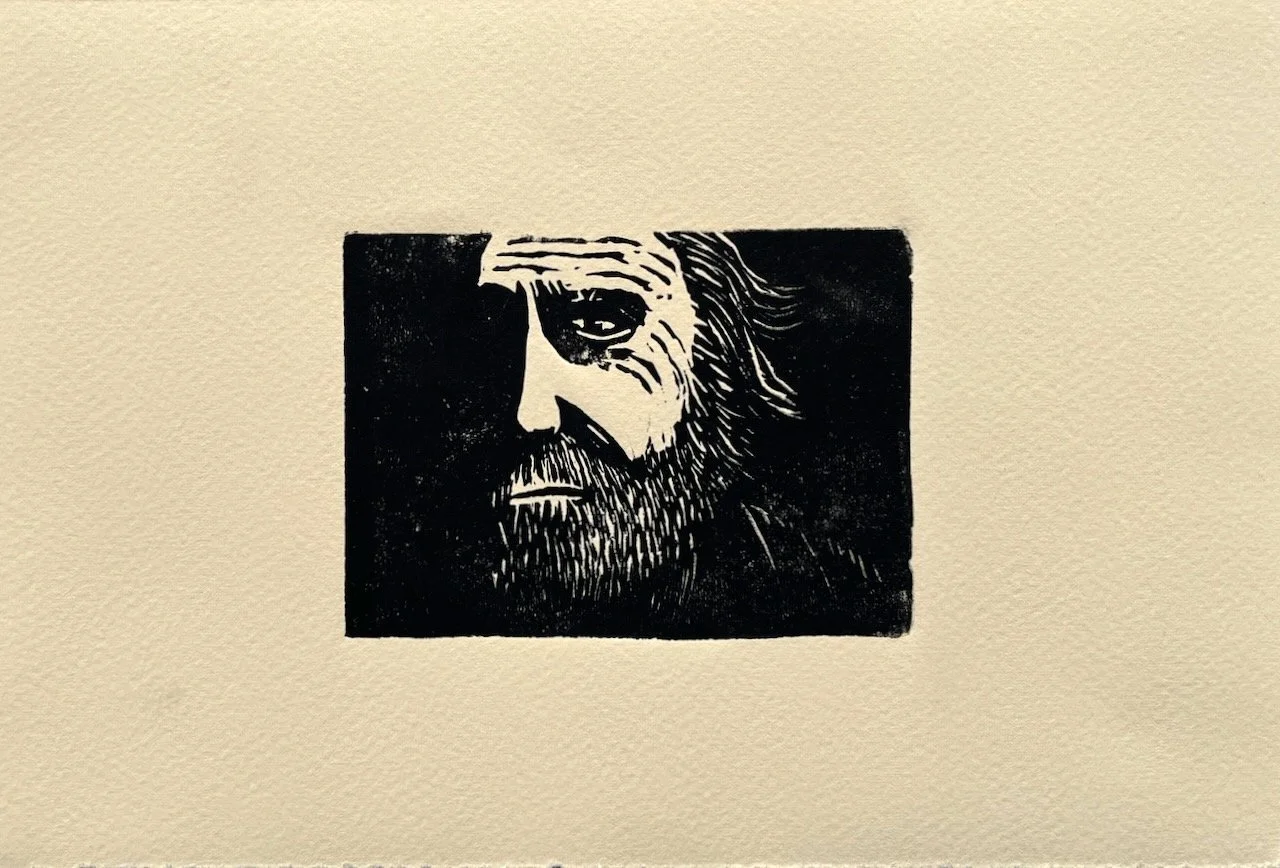 Mann im Schatten, Linoldruck auf Papier, 7x10 cm