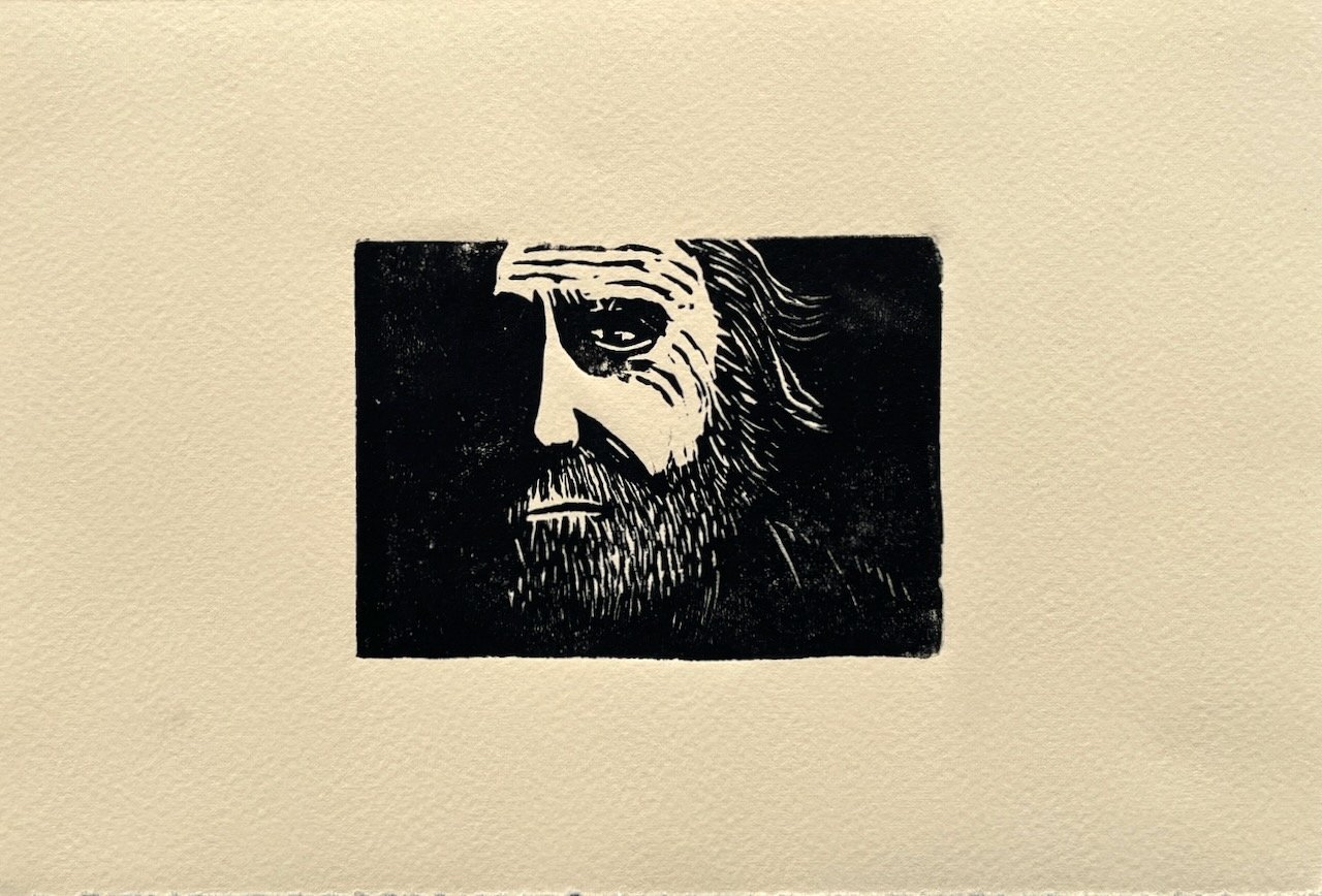 Mann im Schatten, Linoldruck auf Papier, 7x10 cm