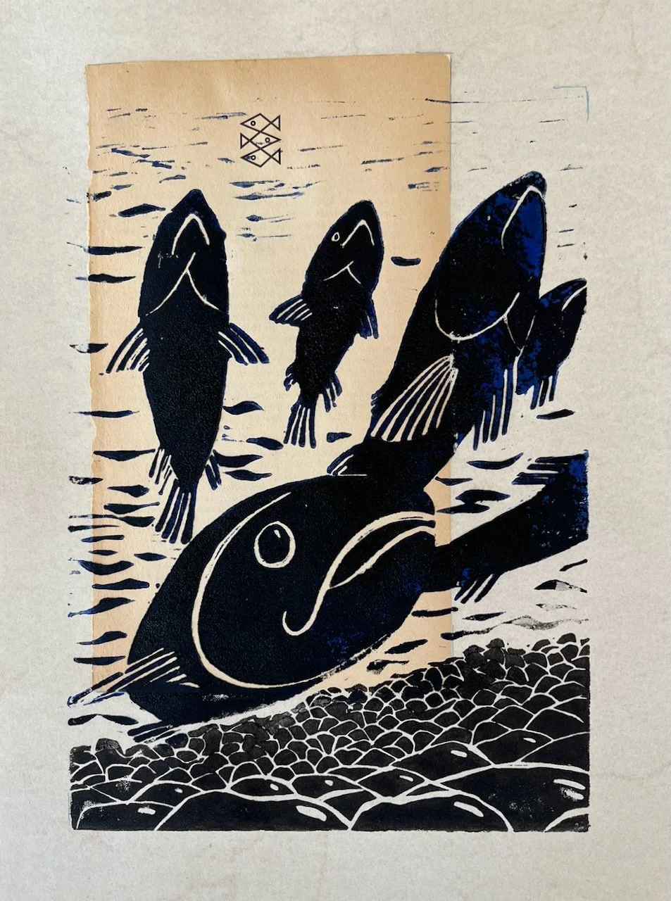 Fischer Fische, Linoldruck/Collagematerial auf Papier, 21x15 cm