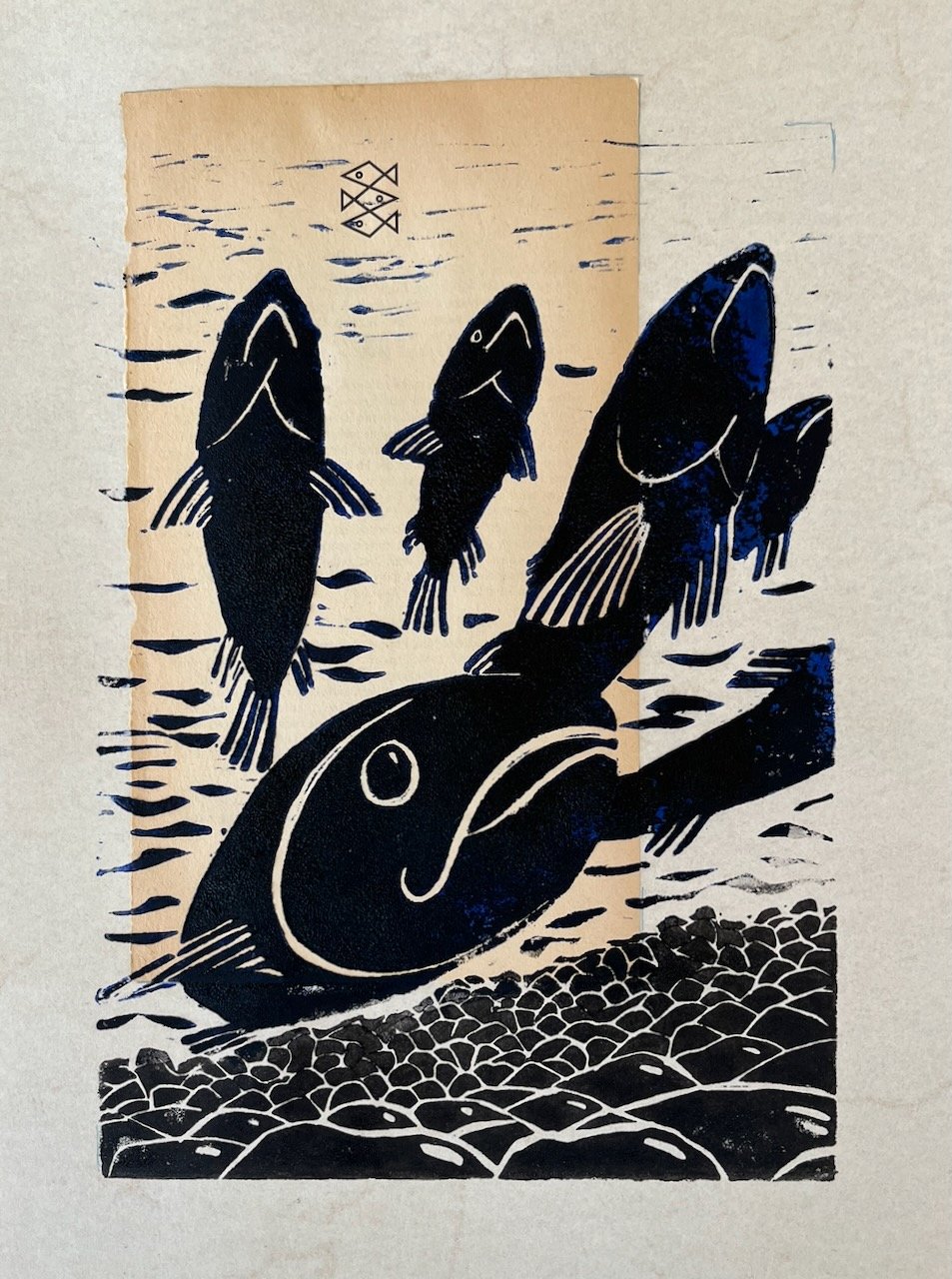 Fischer Fische, Linoldruck und Collagematerial auf Papier, 21x15 cm