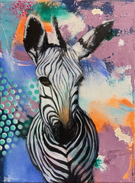 Neugieriges Zebra, Acryl und Öl auf Leinwand, 40x30 cm