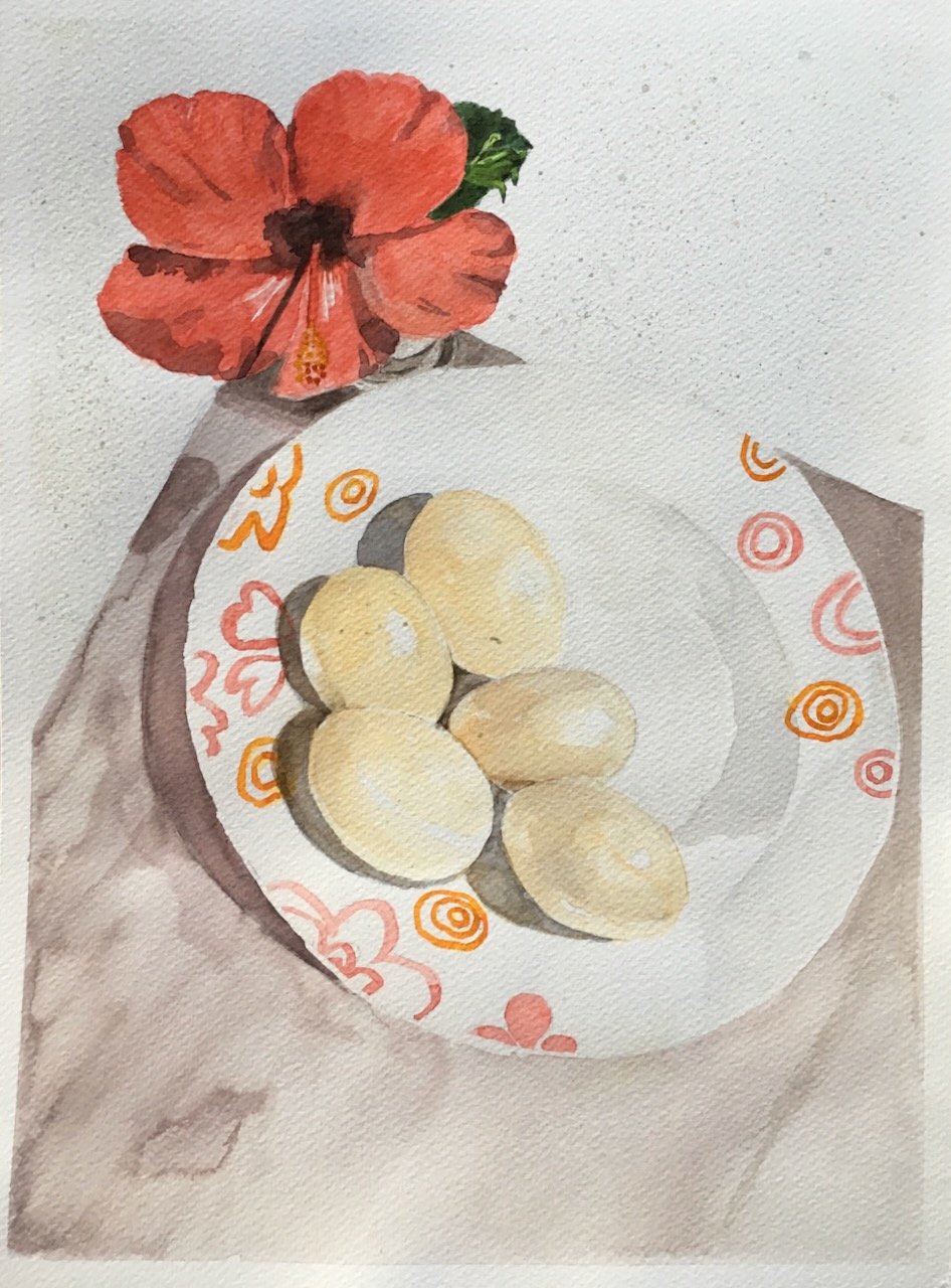 Eier und Hibiskusblüte, Aquarell auf Papier, 38x28 cm