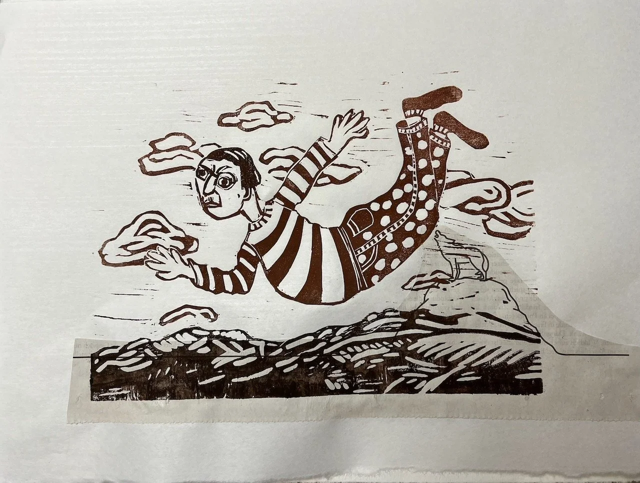 Ich fliege und der Wolf heult dazu, Linoldruck und Collagematerial auf Papier, 15x21 cm 