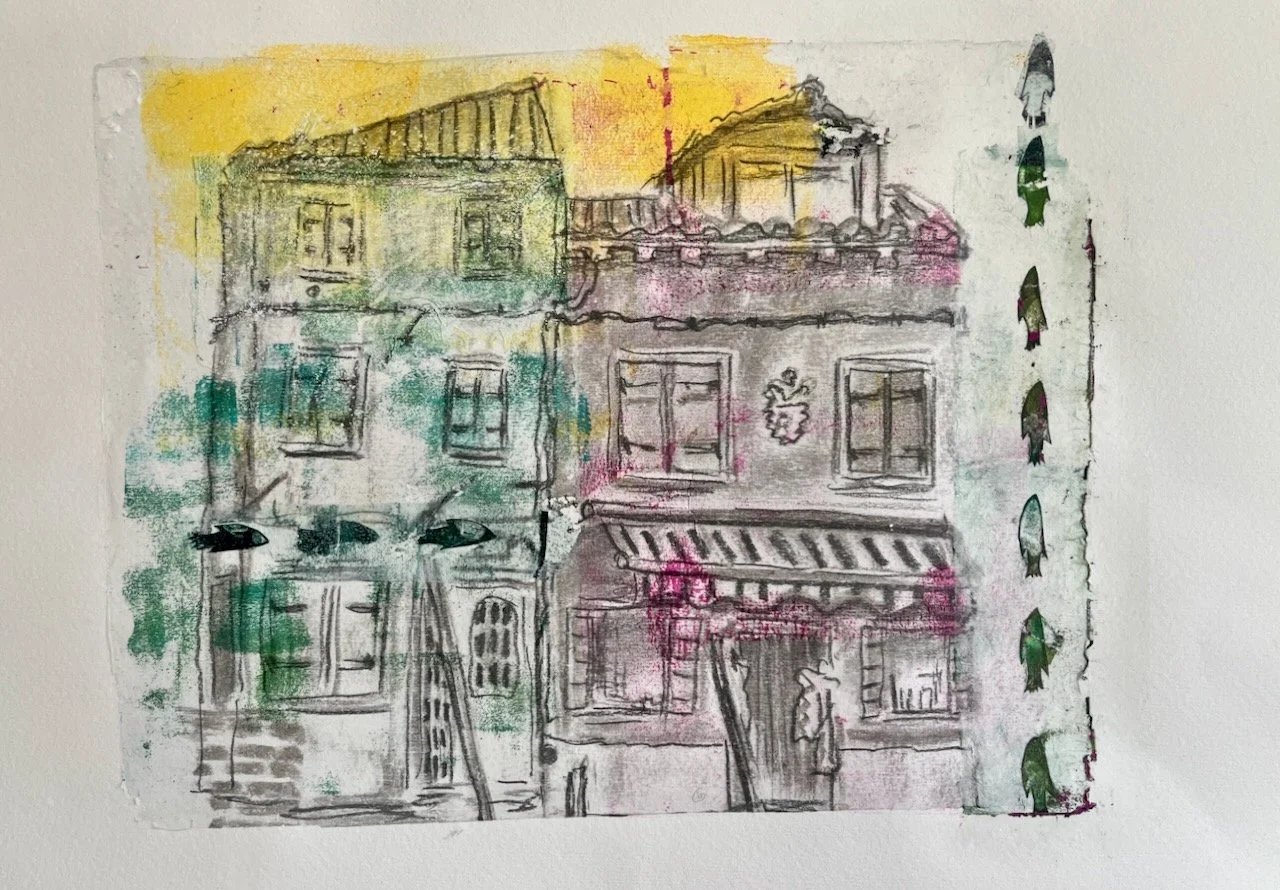 Burano, Geldruck mit Kohle, Acryl und Collagematerial auf Papier, 20x25 cm 