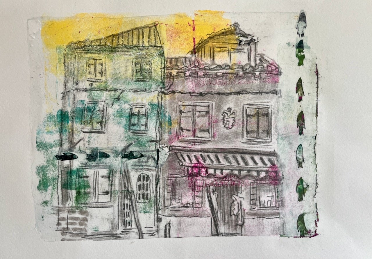 Burano, Geldruck mit Kohle/Acryl/Collagematerial auf Papier, 20x25 cm 