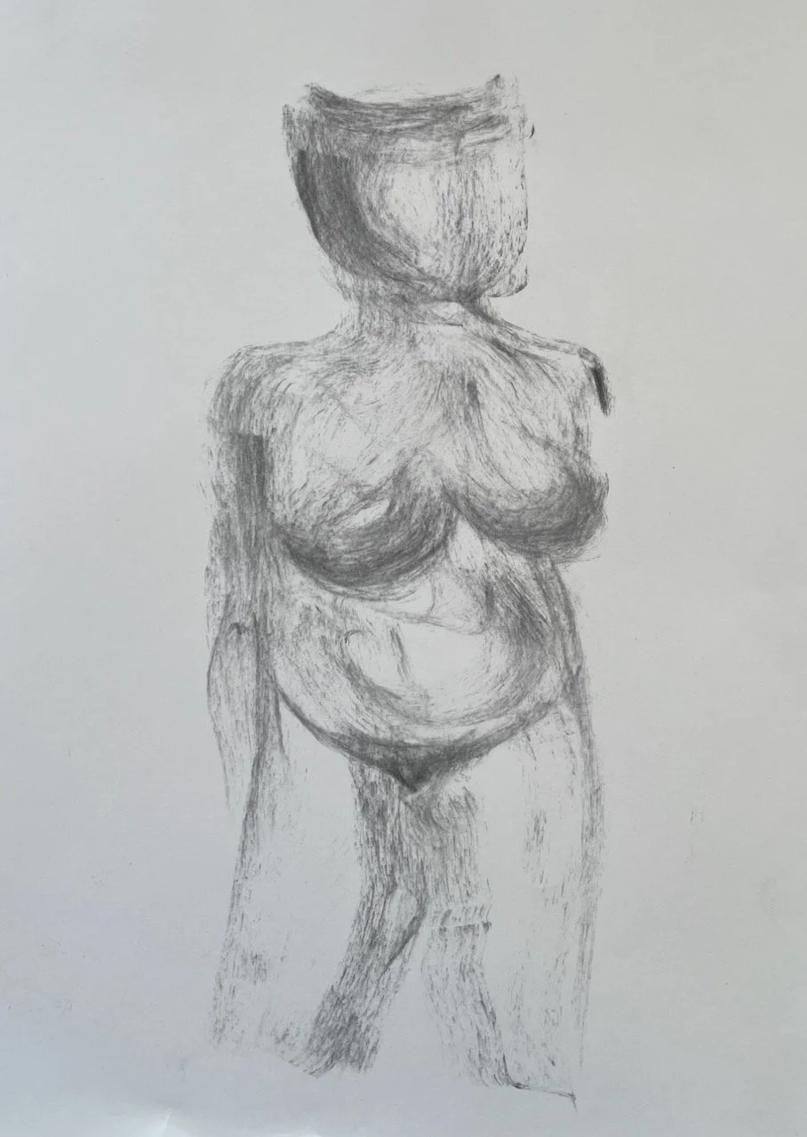 Die Holzfigur, Kohle auf Papier, 42x30 cm
