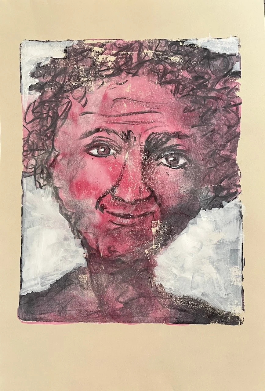 Neugier, Geldruck mit Acryl/Kohle auf Papier, 25x20 cm