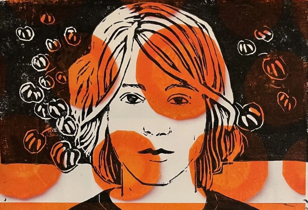 Korfu in orange, Linoldruck auf Papier, 15x21 cm