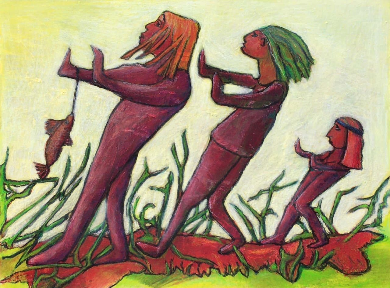 Schräglage mit Fisch, Acryl, Buntstifte und Kohle auf Karton, 30x40 cm