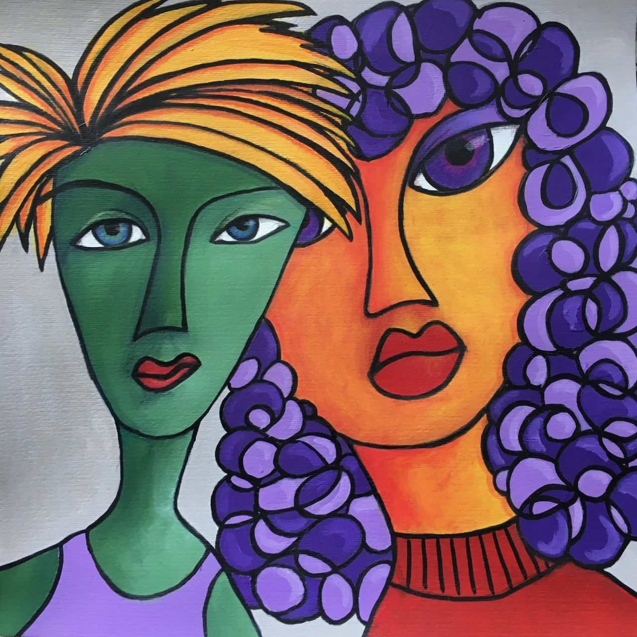 Bunte Frisur x2, Acryl auf Papier, 40x40 cm