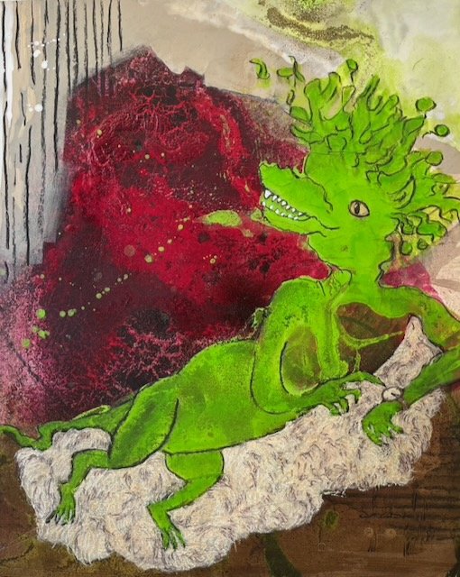 Wo bleibt die Friseurin? Acryl und Mixed Media auf Malplatte, 50x40 cm