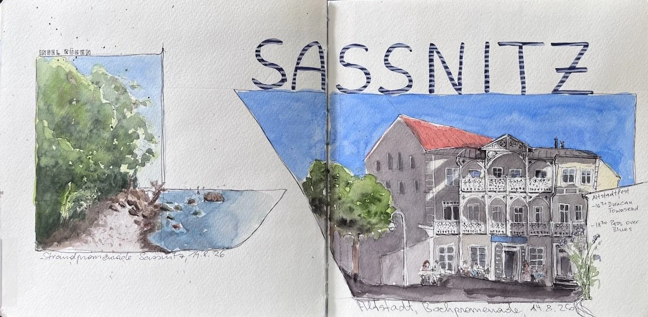 Rügen, Altstadt Sassnitz, Urban Sketch, 19,5x31 cm