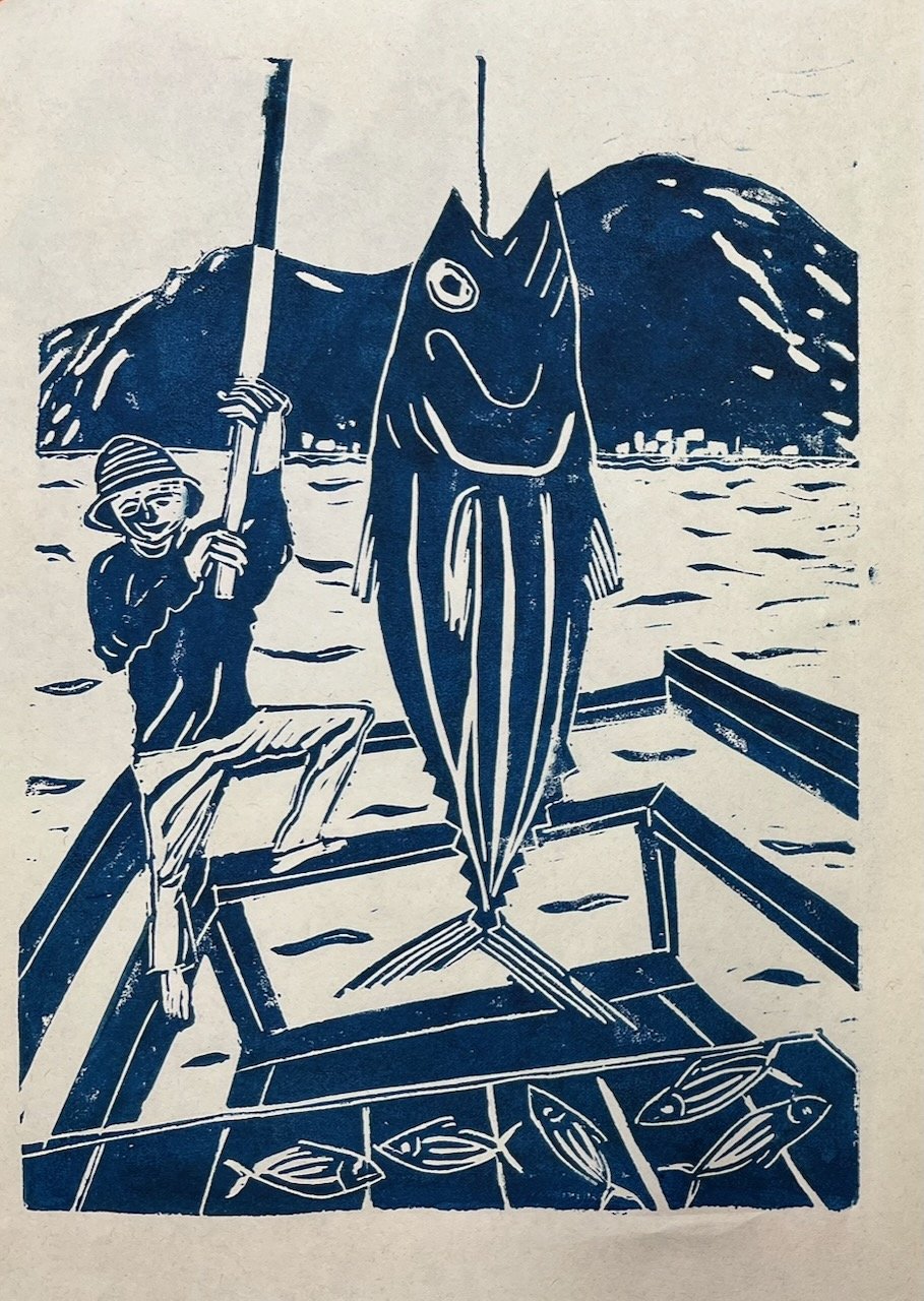 Fischer und Fische, Linoldruck auf Papier, 21x15 cm