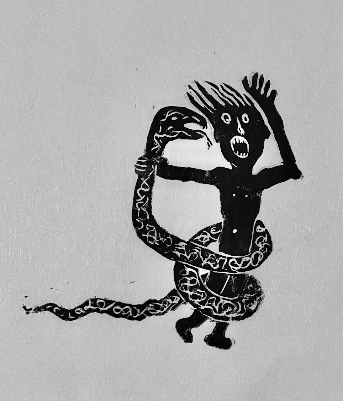 Laokoon ohne Söhne, dafür nur eine Schlange, Linoldruck auf Papier, 11x9,5 cm