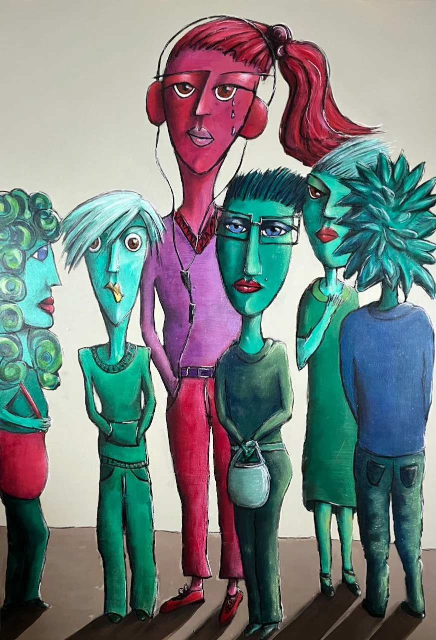 Die Gruppe und Ich, Farbige Figuren in Acryl und Buntstiften auf Leinwand, 100x70 cm